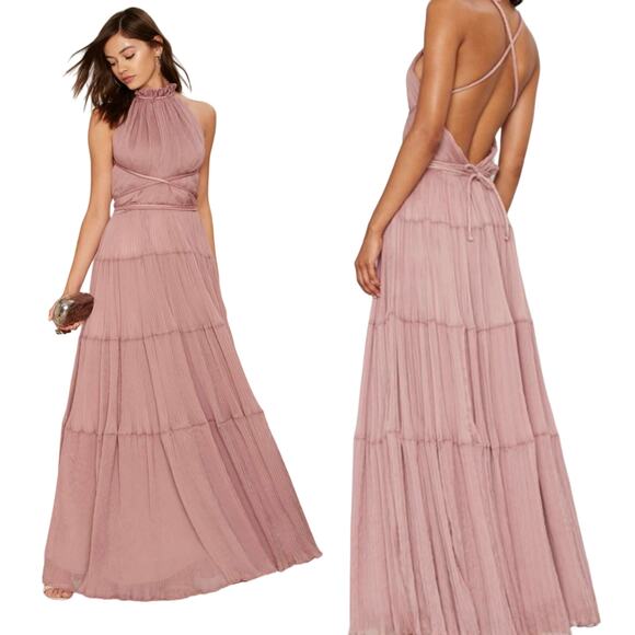 Nasty Gal Pink Chiffon Maxi Dress Tiered Ruffle Backless Gown M Formal Long - Picture 1 of 8